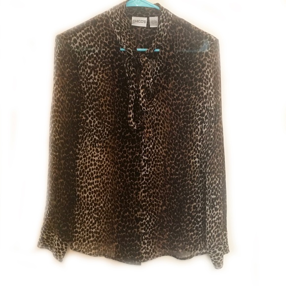 Chico's Tops - Chico's Sheer Animal Leopard Tie Button Blouse